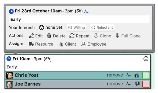 A shift on the rota with its staff assigned